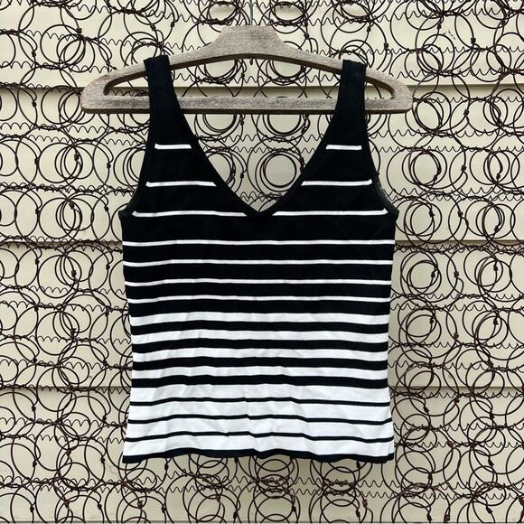 Vintage 90s Barbara Katz black white stripe stretchy tank top MEDIUM - Picture 1 of 9